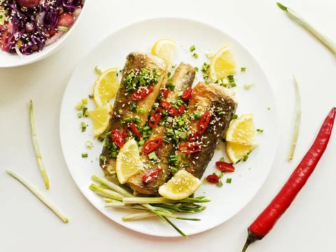Baked hake fish Foto stock