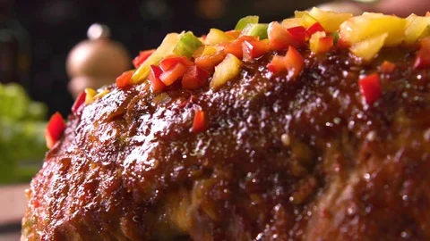 Baked ham on the festive table Stock Footage 119300690