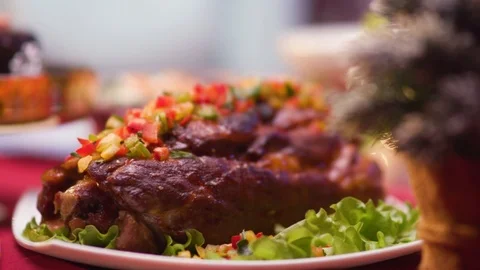 Baked ham on the festive table Stock Footage 119300804