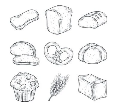 Baked icon set with bread, muffin, loaf, whole, slice and wheat isolated on Stock Illustration