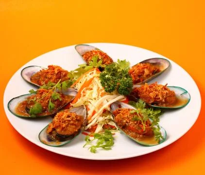 Baked mussels Stock Photos