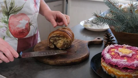 Baked pork belly. The cutting process. Preparing for the holiday. Christmas. Stock Footage 344719249