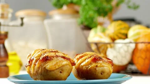 Baked potatoes in Swedish. Presentation of the dish. 360 degree rotation. Stock Footage 133490335
