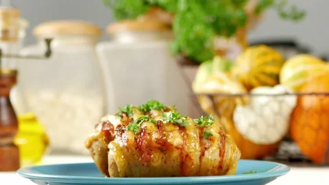Baked potatoes in Swedish. Presentation of the dish. 360 degree rotation. Stock Footage 133490504
