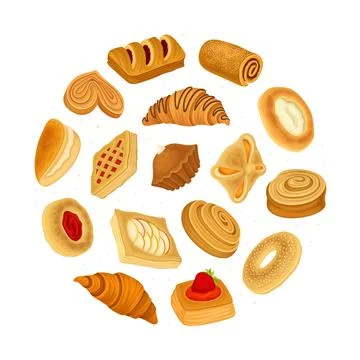 Baked Product Round Composition Design with Sweet Bun and Pastry Vector Template Stock Illustration