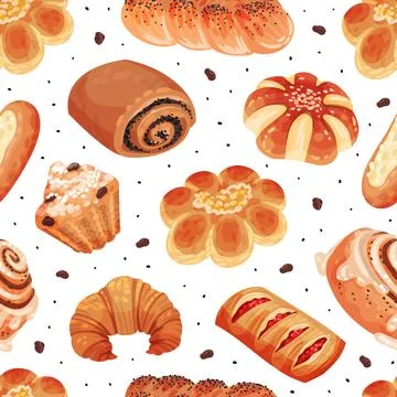Baked Product Seamless Pattern Design with Sweet Bun and Pastry Vector Template Stock Illustration
