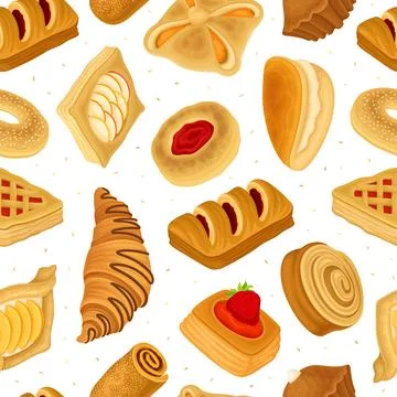 Baked Product Seamless Pattern Design with Sweet Bun and Pastry Vector Template Stock Illustration