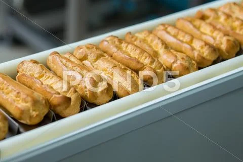 Baked products on conveyor belt. Stock Photos
