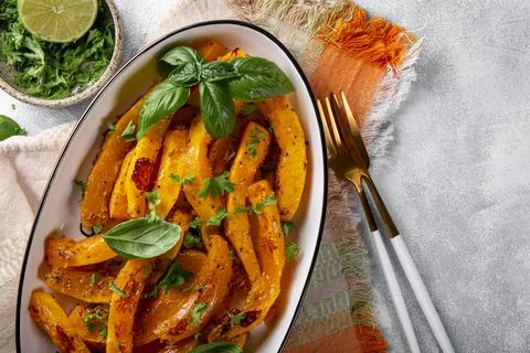 Baked pumpkin with basil and herbs on a white oval dish close-up top view Stock Photos