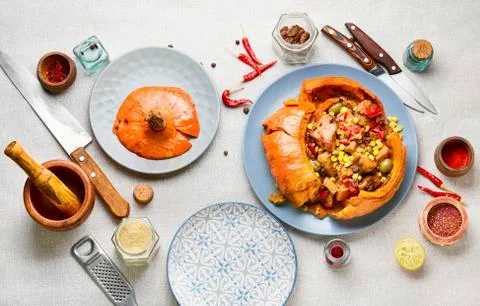 Baked pumpkin with meat Stock Photos