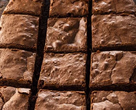 Baked rectangular chocolate brownie pie is cut into squares baked rectangu... 스톡 사진