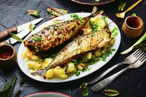 Baked scomber with potatoes Stock Photos