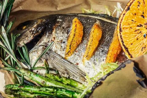 Baked seabass Stock Photos