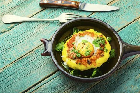 Baked stuffed squash or patisson Stock Photos