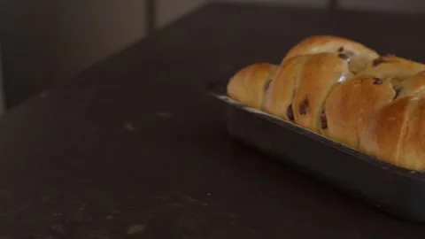 Baked sweet bread with chocolate chips in pan Stock Footage 345879626