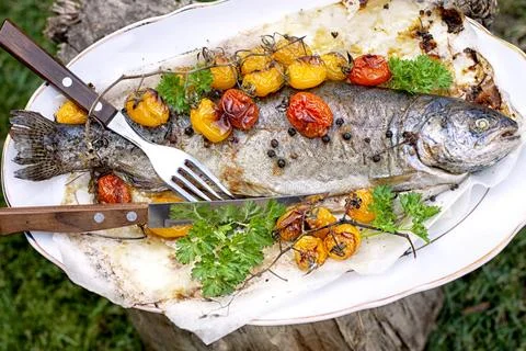 Baked trout with cherry tomatoes Stock Photos