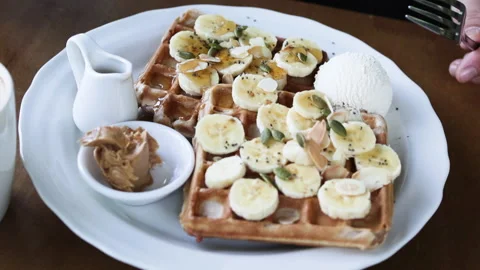 Baked waffles with nut butter. Stock Footage 277207701