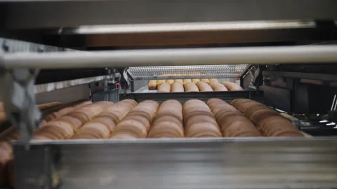 Baked white bread on a conveyor belt in a bakery factory. Stock Footage 277089876