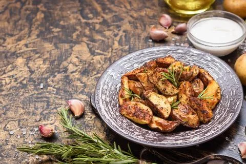 Baked young potatoes in a rustic style with sour cream Stock Photos