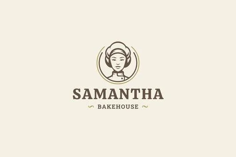 Bakehouse retro circle logo design template woman chef portrait vector flat i Stock Illustration
