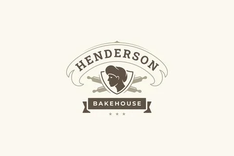 Bakehouse retro logo design template with rolling pin and ribbon vector fla.. Stock Illustration