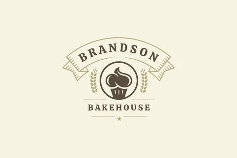 Bakehouse retro logo design template with creamy cupcake vector flat illustra Stock Illustration