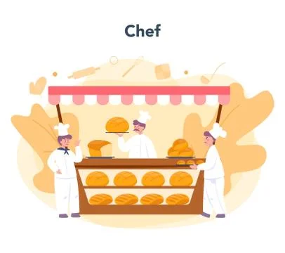 Baker and bakery concept. Chef in the uniform baking bread. 스톡 일러스트