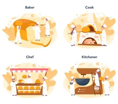 Baker and bakery concept set. Chef in the uniform baking bread. Stock Illustration