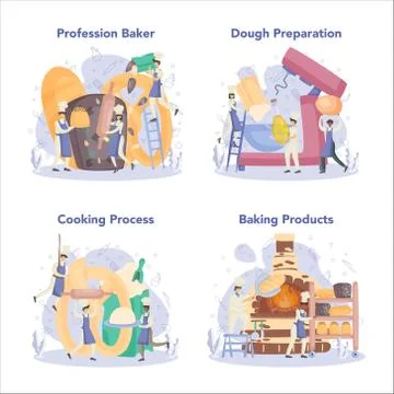 Baker and bakery concept set. Chef in the uniform baking bread. 스톡 일러스트