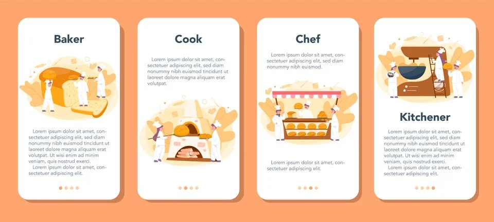 Baker and bakery mobile application banner set. Chef in the uniform Illustrazione stock