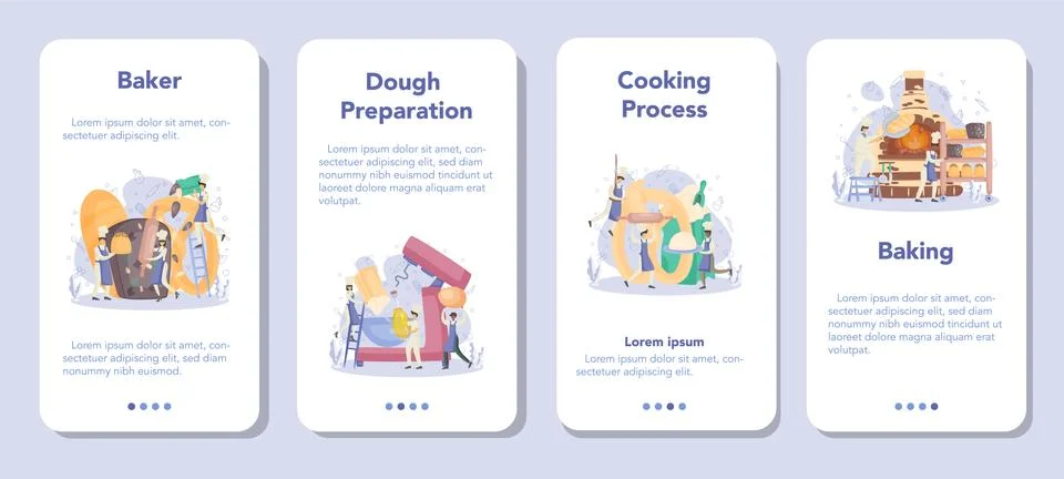 Baker and bakery mobile application banner set. Chef in the uniform Illustrazione stock