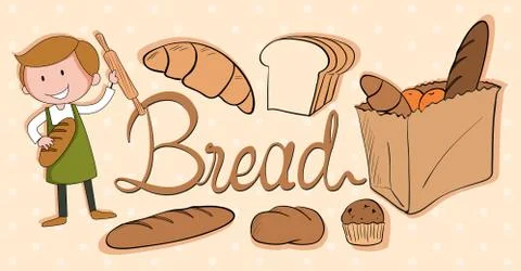 Baker and different kind of bread Stock Illustration