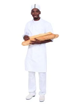 Baker apprentice carrying bread on white background Stock Photos
