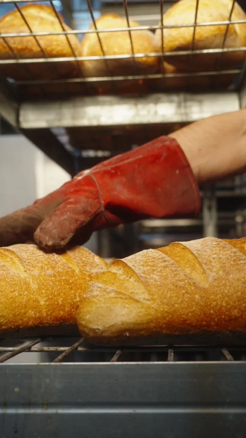 Baker Arranging Freshly Baked Rye Bread on a Bakery Rack Stock Footage 345493376