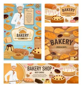 Baker baking bread, bakery shop dessert cakes Stock Illustration