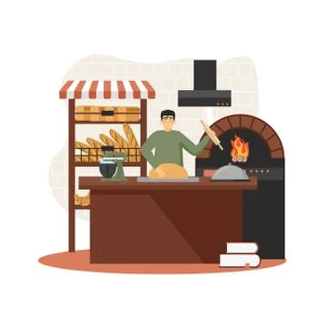 Baker baking bread in bakery wood fired oven, vector flat illustration Stock Illustration