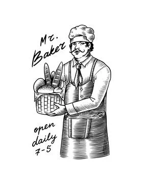Baker with a basket of bread. Engraved hand drawn in old sketch and vintage Stock Illustration