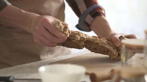 The baker breaks the bread to check the readiness. Stock Footage 150518291