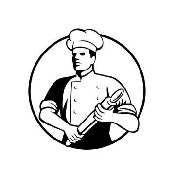 Baker Chef Cook Holding Rolling Pin Retro Black and White イラスト素材