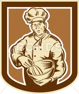 Baker chef cook mixing bowl woodcut retro Stock Illustration