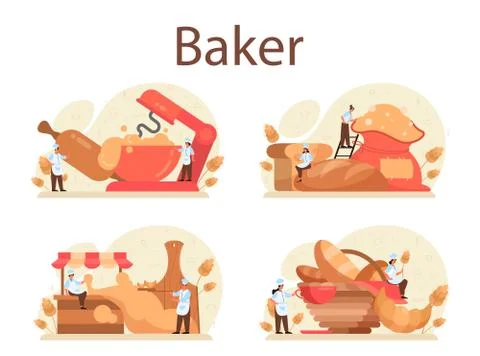 Baker concept set. Chef in the uniform baking bread. Baking pastry 스톡 일러스트
