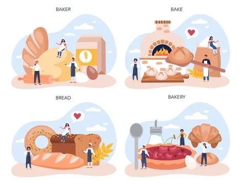 Baker concept set. Chef in the uniform baking bread. Baking pastry 스톡 일러스트