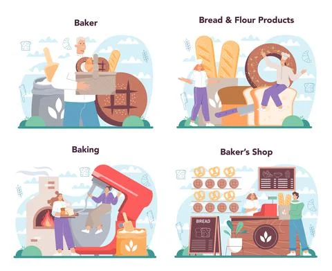 Baker concept set. Chef in the uniform baking bread. Baking pastry process. Stock Illustration