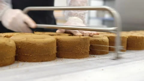Baker cutting the top of cake with a serrated leveler cake. Making a layer cake. 스톡 동영상 160496422