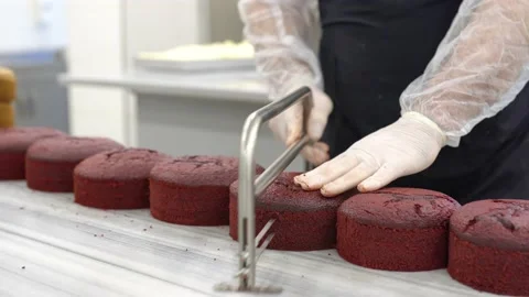 Baker cutting the top of cake with a serrated leveler cake. Making a layer cake. 스톡 동영상 160496525