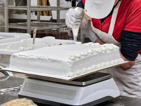 Baker Decorating a Sheet Cake Stock Photos