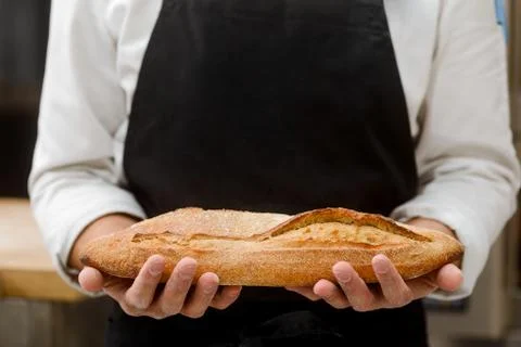 Baker demonstating his fresh bread. Well baked loaf Stock Photos