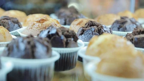 Baker Display Pastries Bakery Window Buns Cakes Cookies Muffins Selection Fresh Stock-Footage 106550959