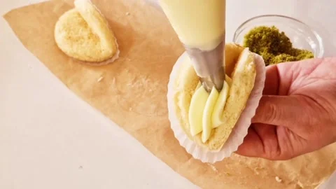 Baker filling mini sponge cakes with cream and sprinkling crushed pistachios Stock Footage 326633665