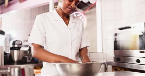 Baker, flour or kneading of sticky dough on table, chef or process of wheat Video stock 263549870
